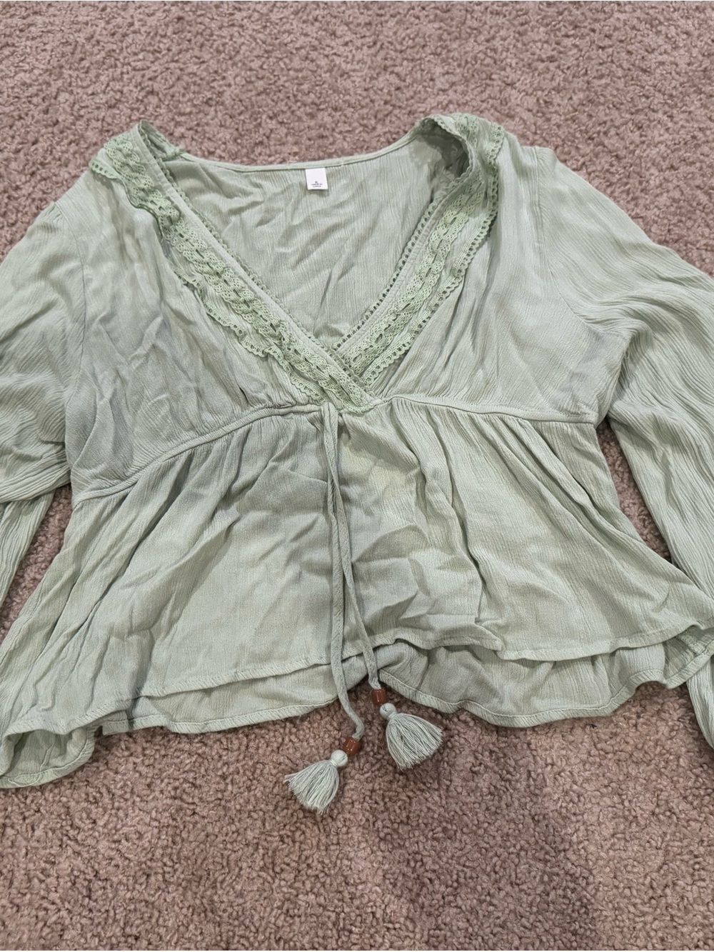 Light Sage V-Neck Women's Boho Top with Tassel Tie